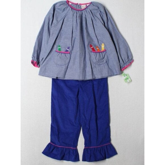 New Toddler Girl Zu Blue Gingham Crayon School Theme Corduroy Pants Set Size 4T - Picture 1 of 4